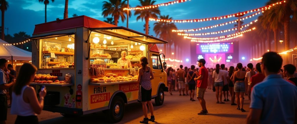 Vendor booths at Grand Forks Carnival – Rock Fest Edition, featuring food trucks and merchandise stands with festival-goers shopping and enjoying the event.