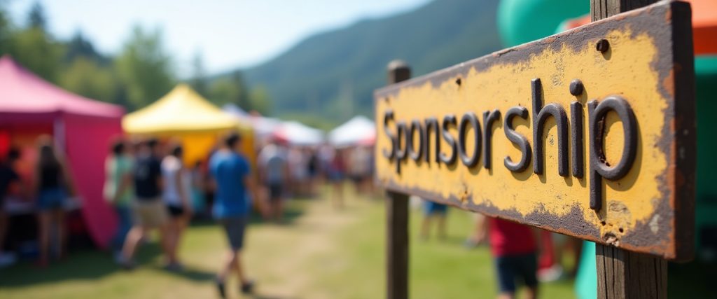 Business sponsorship banner at Grand Forks Carnival – Rock Fest Edition, showcasing sponsor logos with festival crowds in the background.