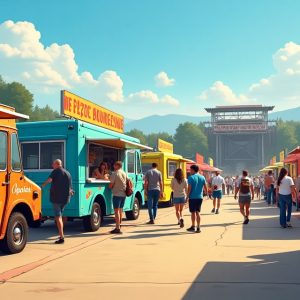 A lineup of colorful and decorated food trucks at a rock music festival serving gourmet street food to festivalgoers.