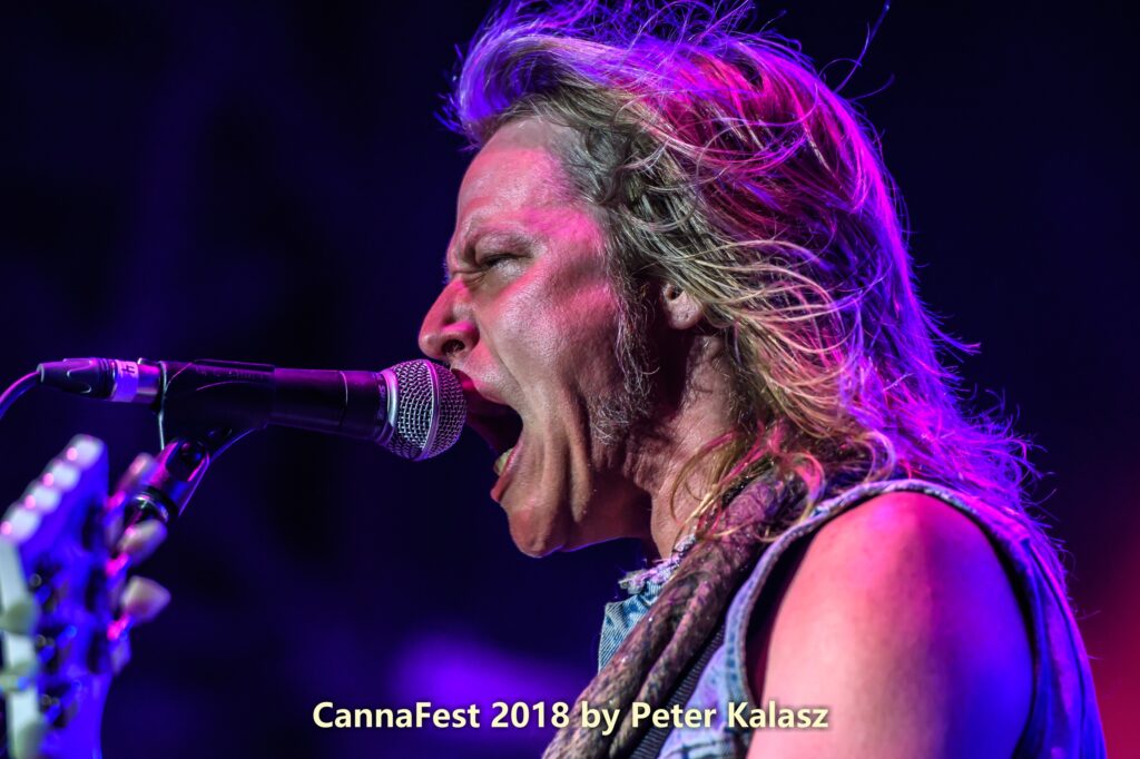 Jeremy Asbrock singing into a microphone during a live rock performance.